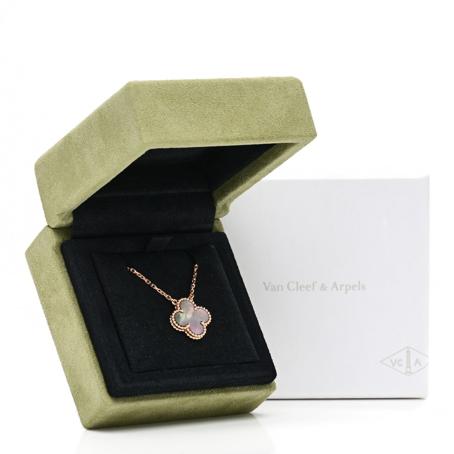 18K Rose Gold Gray Mother of Pearl Vintage Alhambra Pendant Necklace
