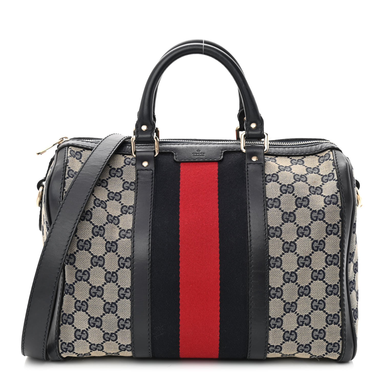 Gucci Monogram Selleria Calfskin Vintage Web Medium Boston Beige Blue 1 of 15