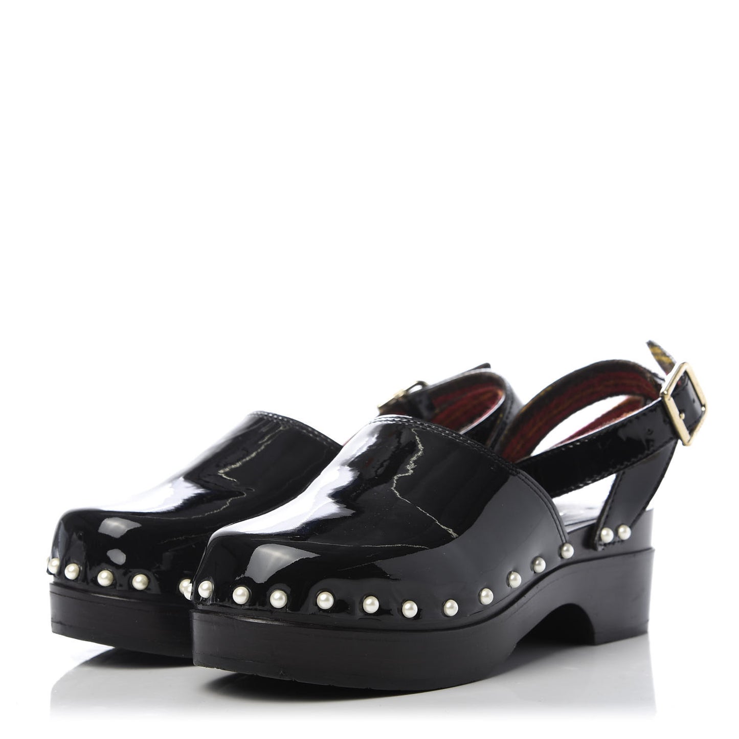 Patent Calfskin Pearl Ankle Strap Clogs 37 Black