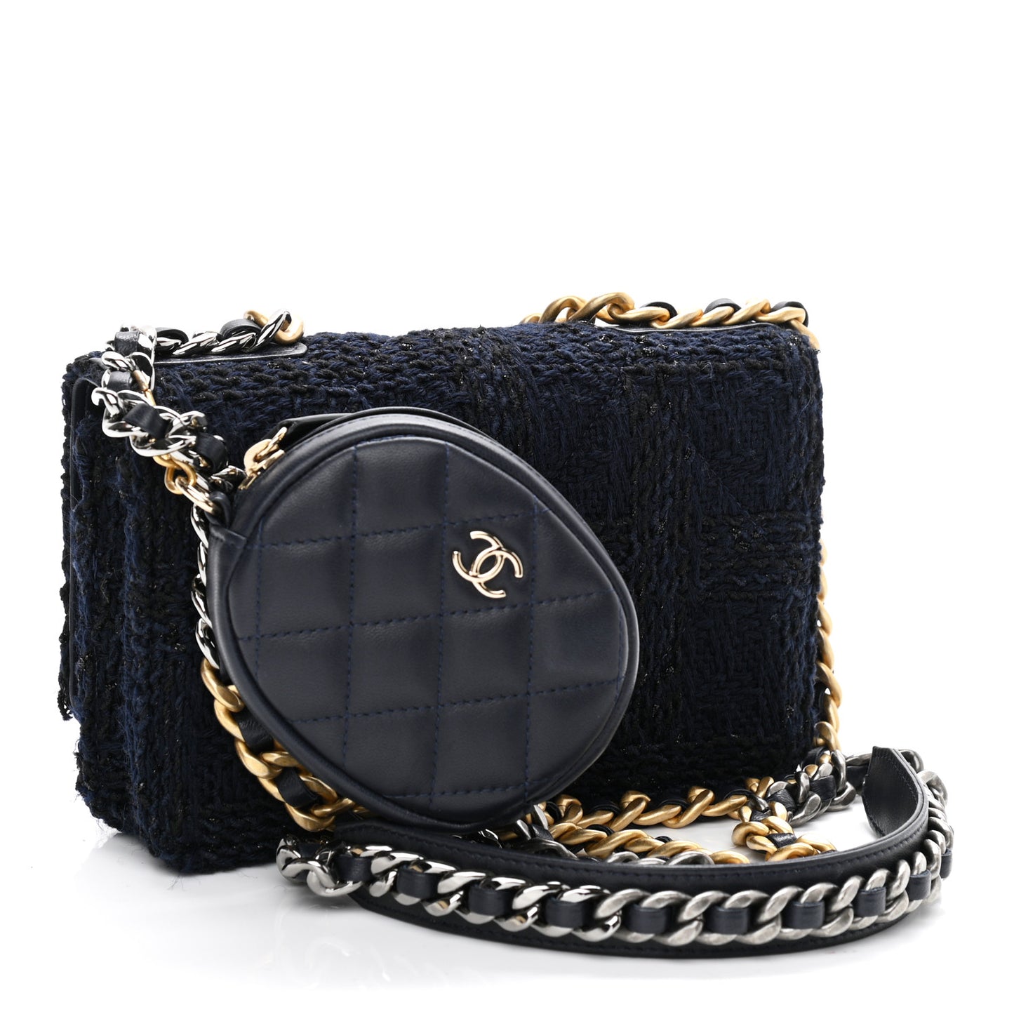 Wool Tweed Lambskin Quilted Chanel 19 Wallet On Chain WOC and Coin Purse Blue Black