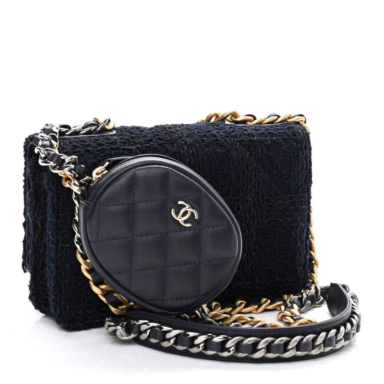 Chanel Wool Tweed Lambskin Quilted Chanel 19 Wallet On Chain WOC and Coin Purse Blue Black 2 of 11
