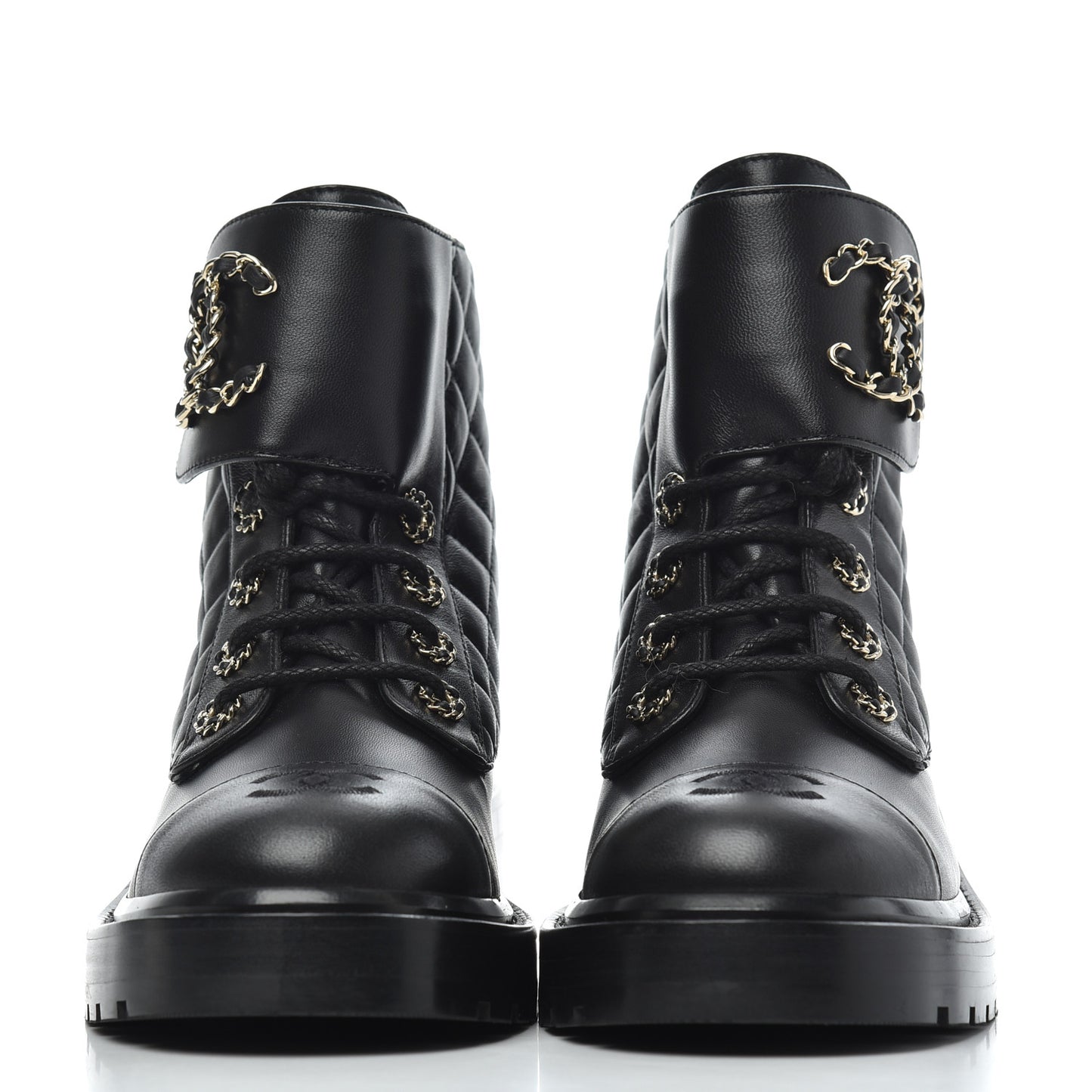 Shiny Lambskin Quilted Lace Up Combat Boots 37.5 Black
