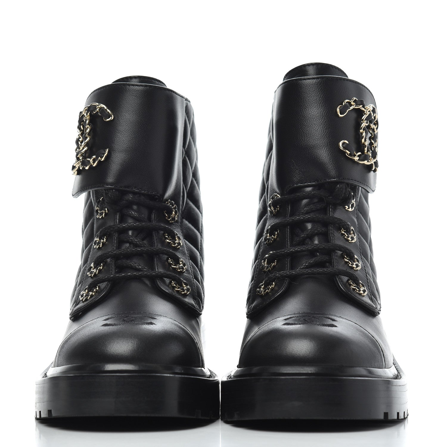 Chanel Shiny Lambskin Quilted Lace Up Combat Boots 37.5 Black 2 of 9