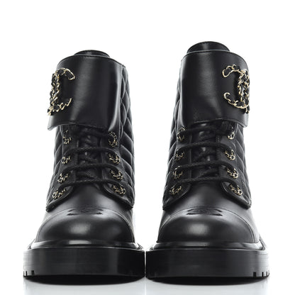 Chanel Shiny Lambskin Quilted Lace Up Combat Boots 37.5 Black 2 of 9