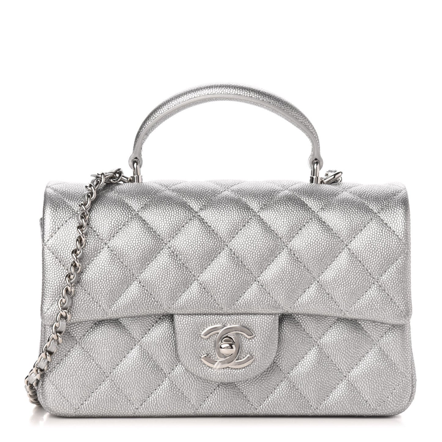 Metallic Caviar Quilted Mini Top Handle Rectangular Flap Silver