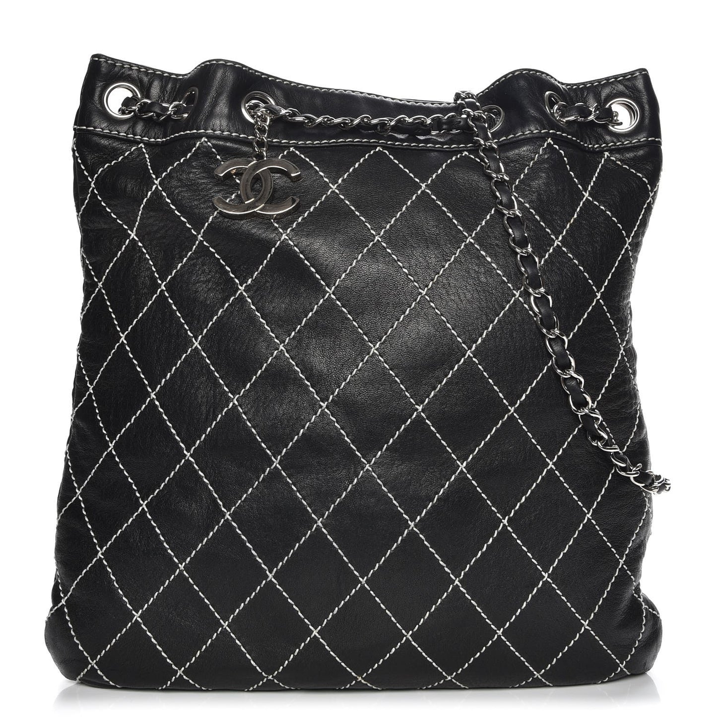 Lambskin Contrast Stitch Shoulder Bag Black