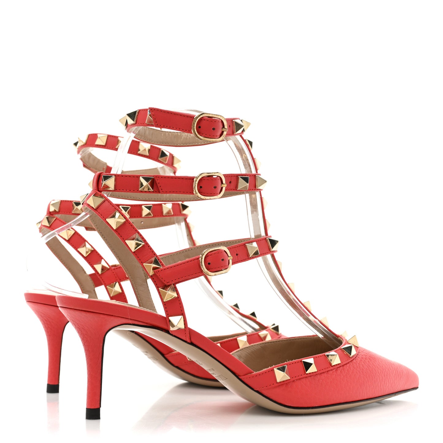 Pebbled Calfskin Rockstud Ankle Strap 65mm Pumps 35.5 Deep Coral