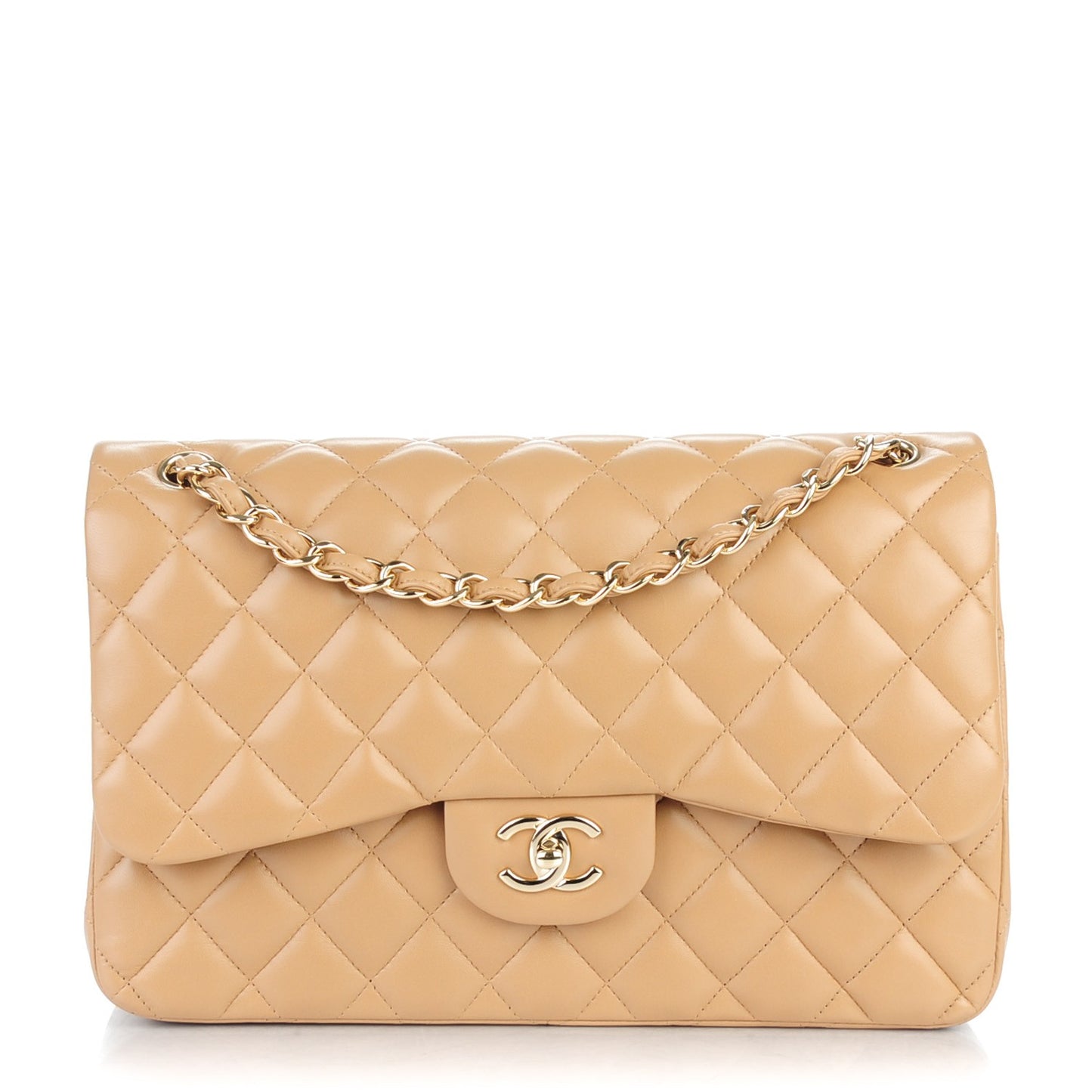 Lambskin Quilted Jumbo Double Flap Beige