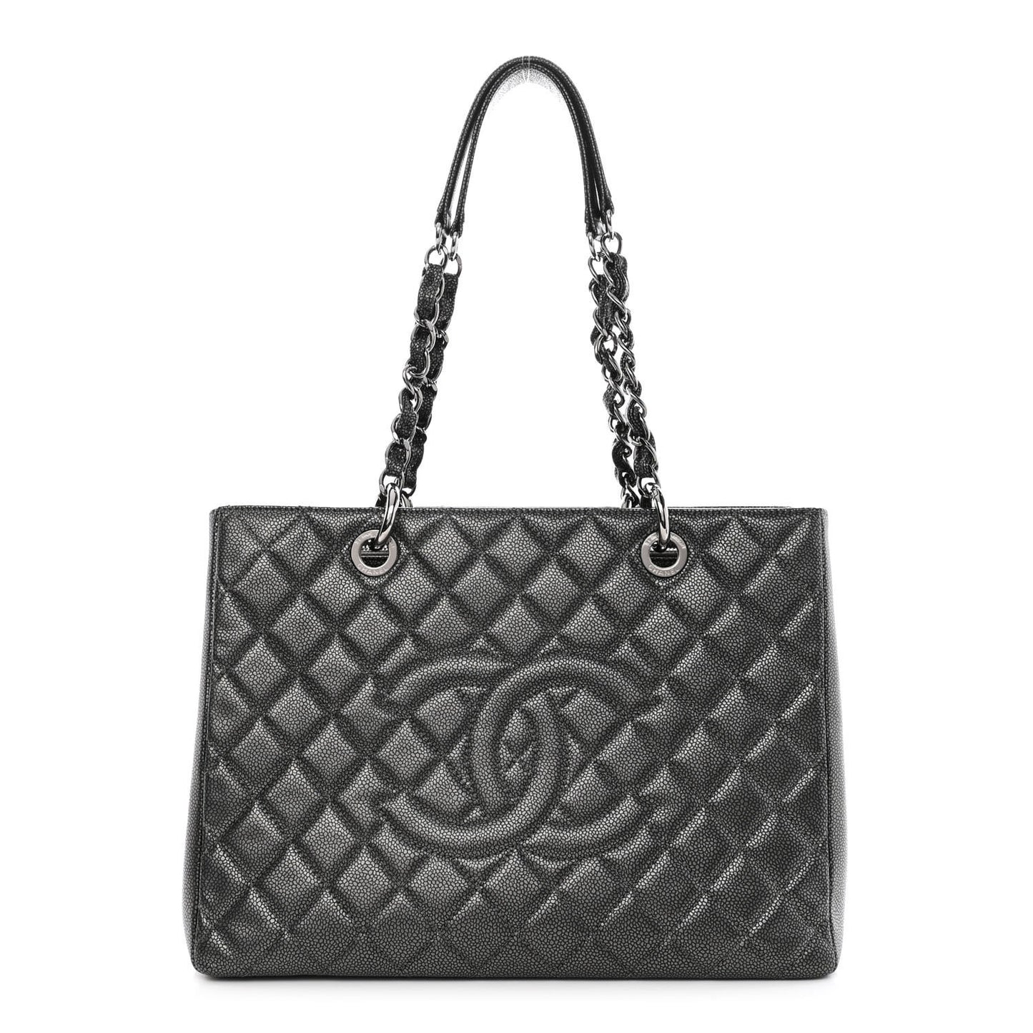 Metallic Caviar Quilted Grand Shopping Tote GST Dark Silver
