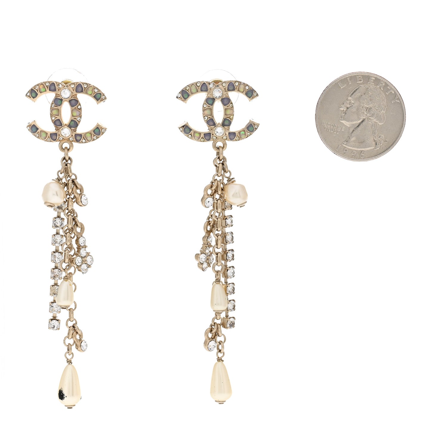 Crystal Pearl CC Chain Drop Earrings Multicolor