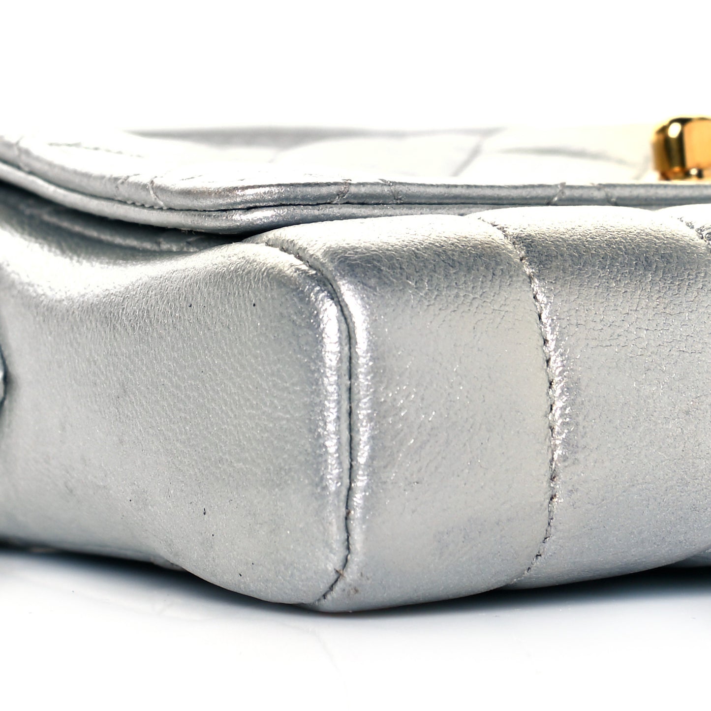 Metallic Goatskin Quilted Square Flap Shoulder Bag Silver