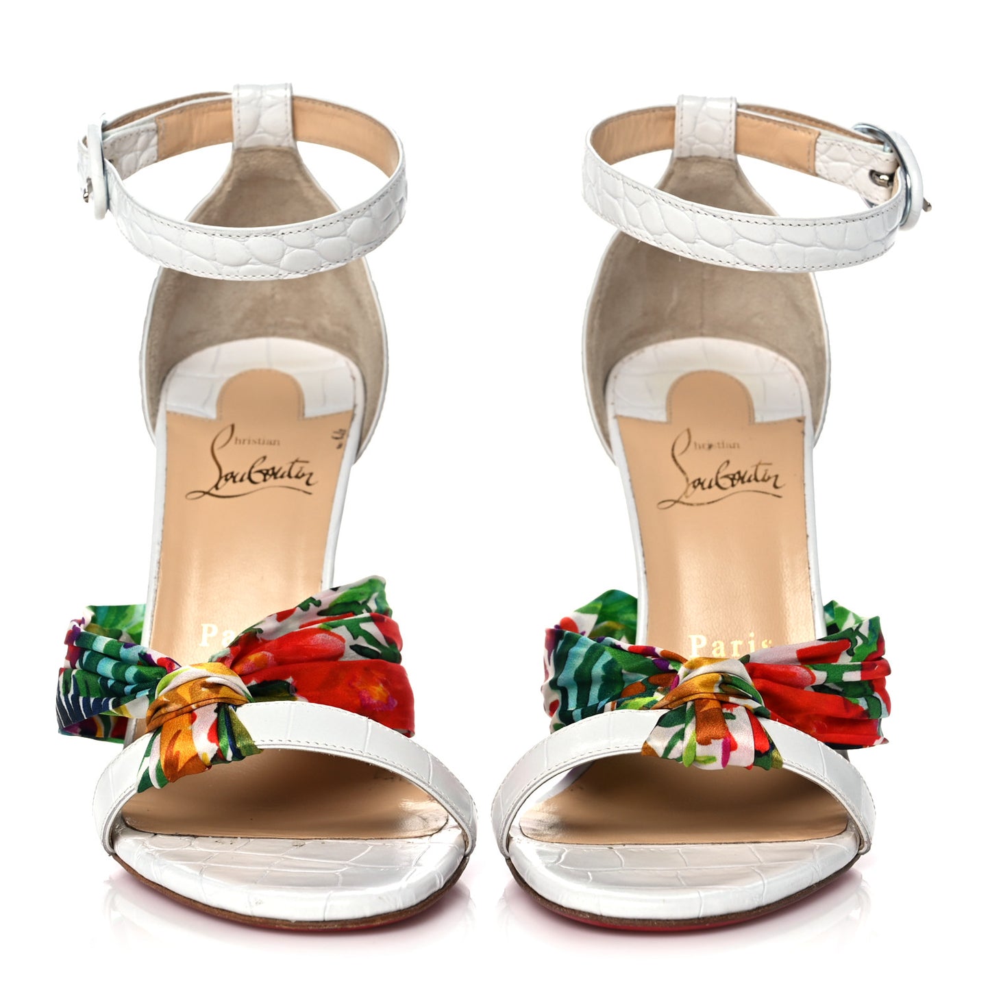 Crocodile Embossed Calfskin Silk Floral Ali 100 Pumps 37.5 White Ruban