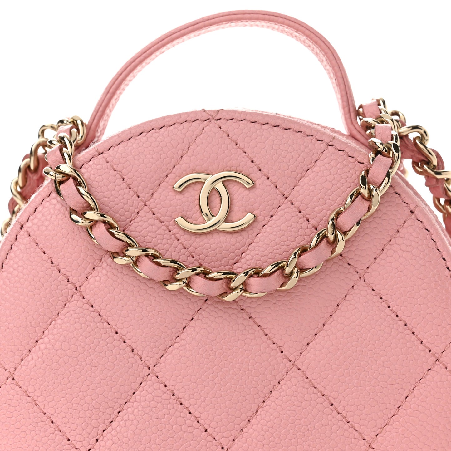 Caviar Quilted Round Handle With Care Vanity With Chain Pink