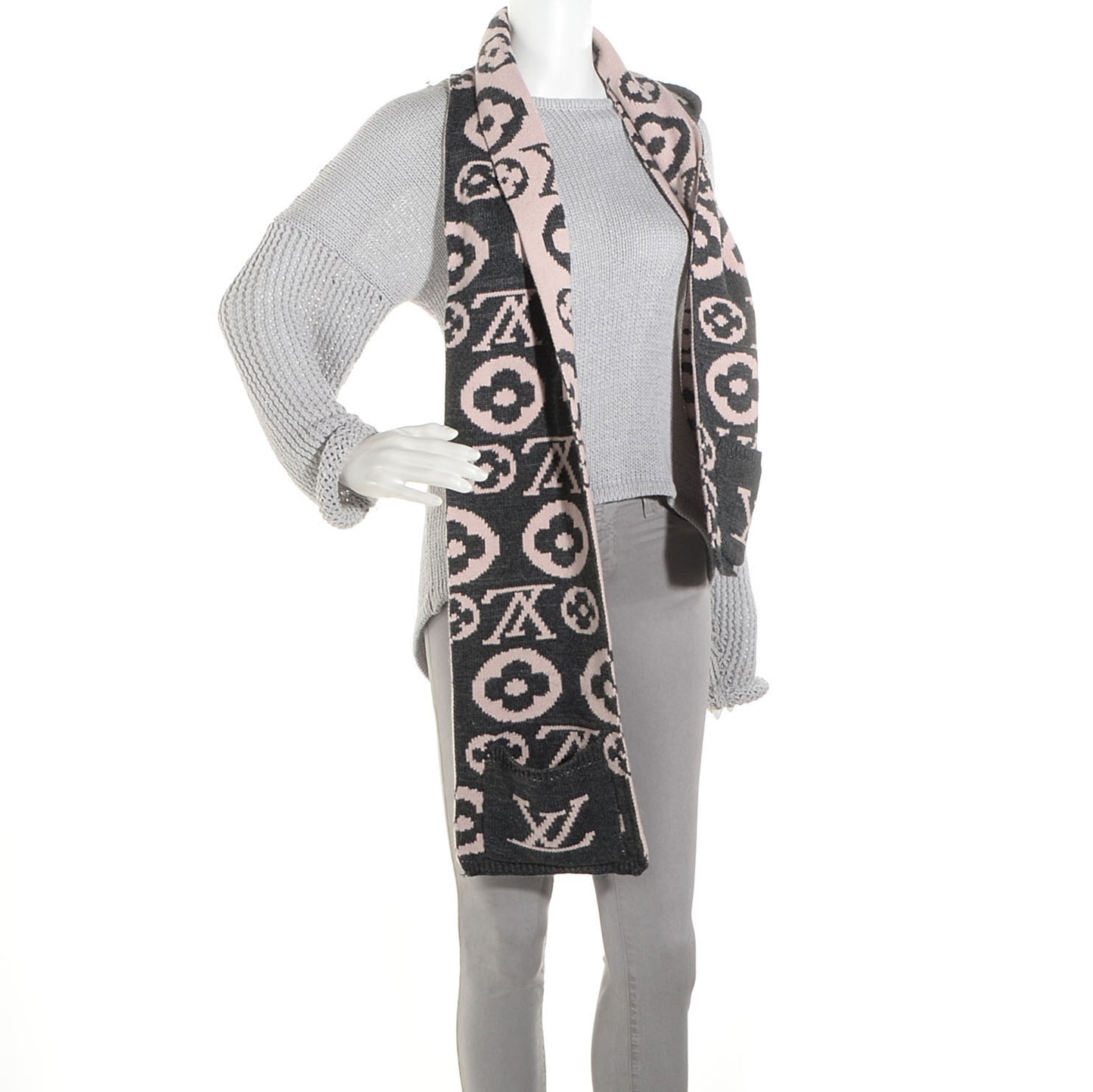Monogram Knit Wool Hooded Scarf Pink Grey