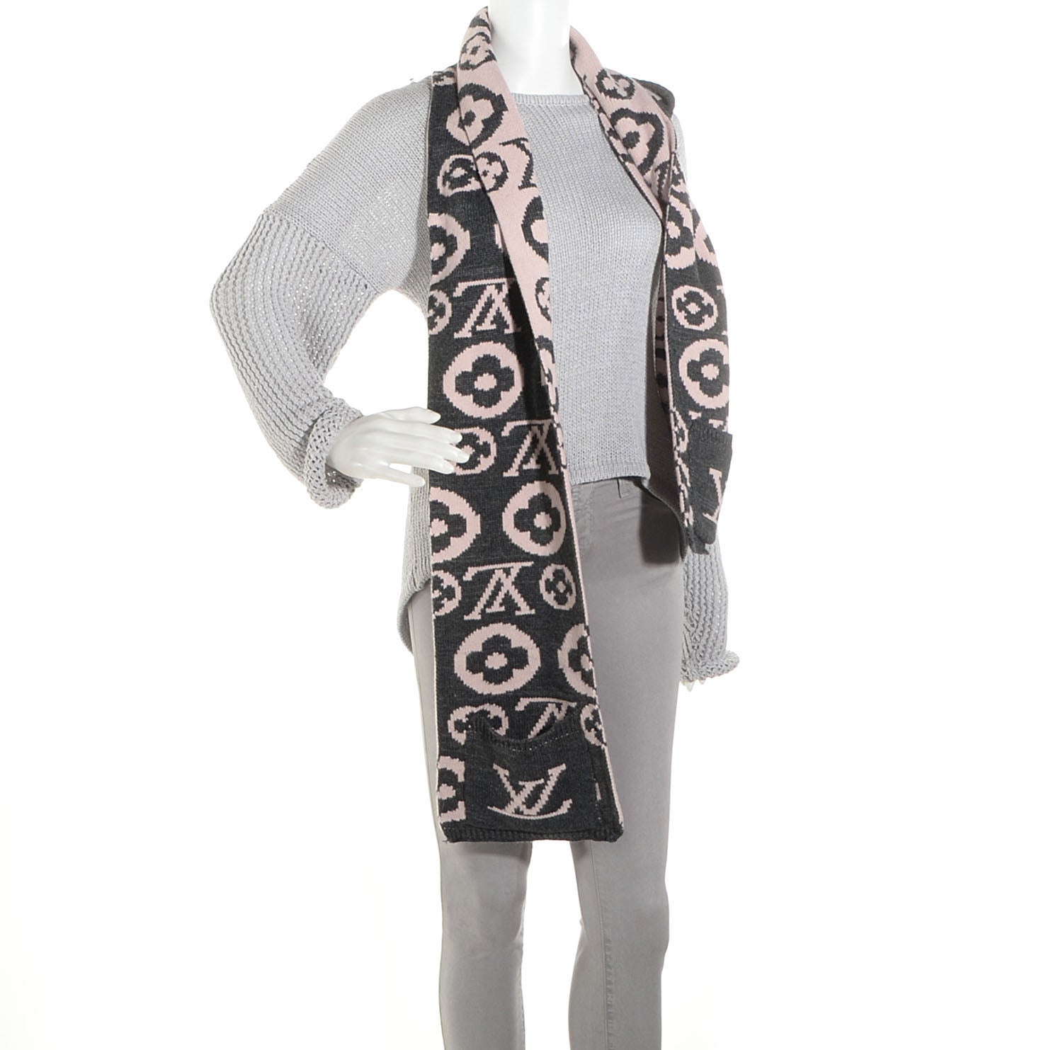 Louis Vuitton Monogram Knit Wool Hooded Scarf Pink Grey 2 of 4