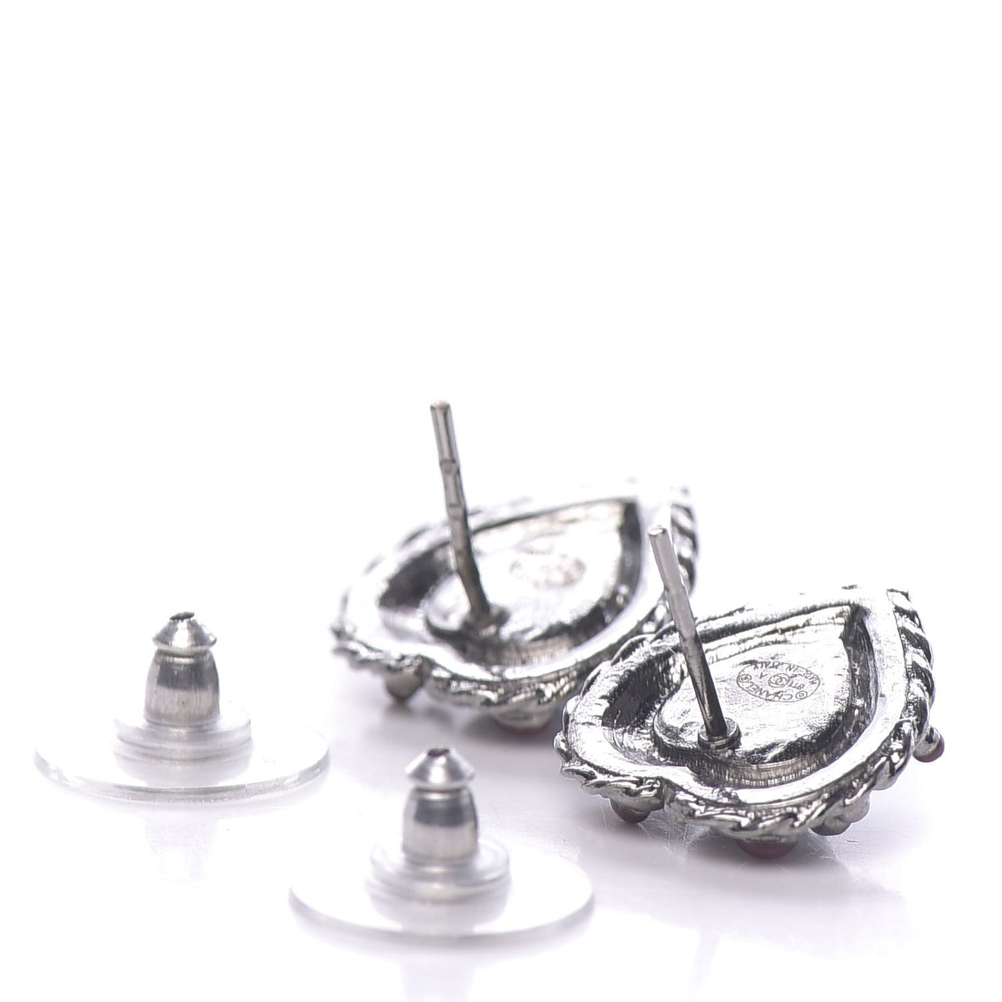 Pearl Enamel Heart CC Earrings Black Silver