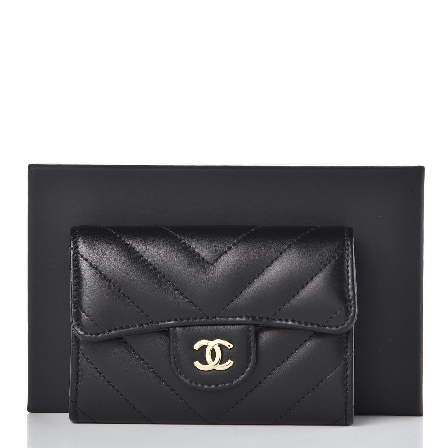 Lambskin Chevron Quilted Flap Card Holder Black
