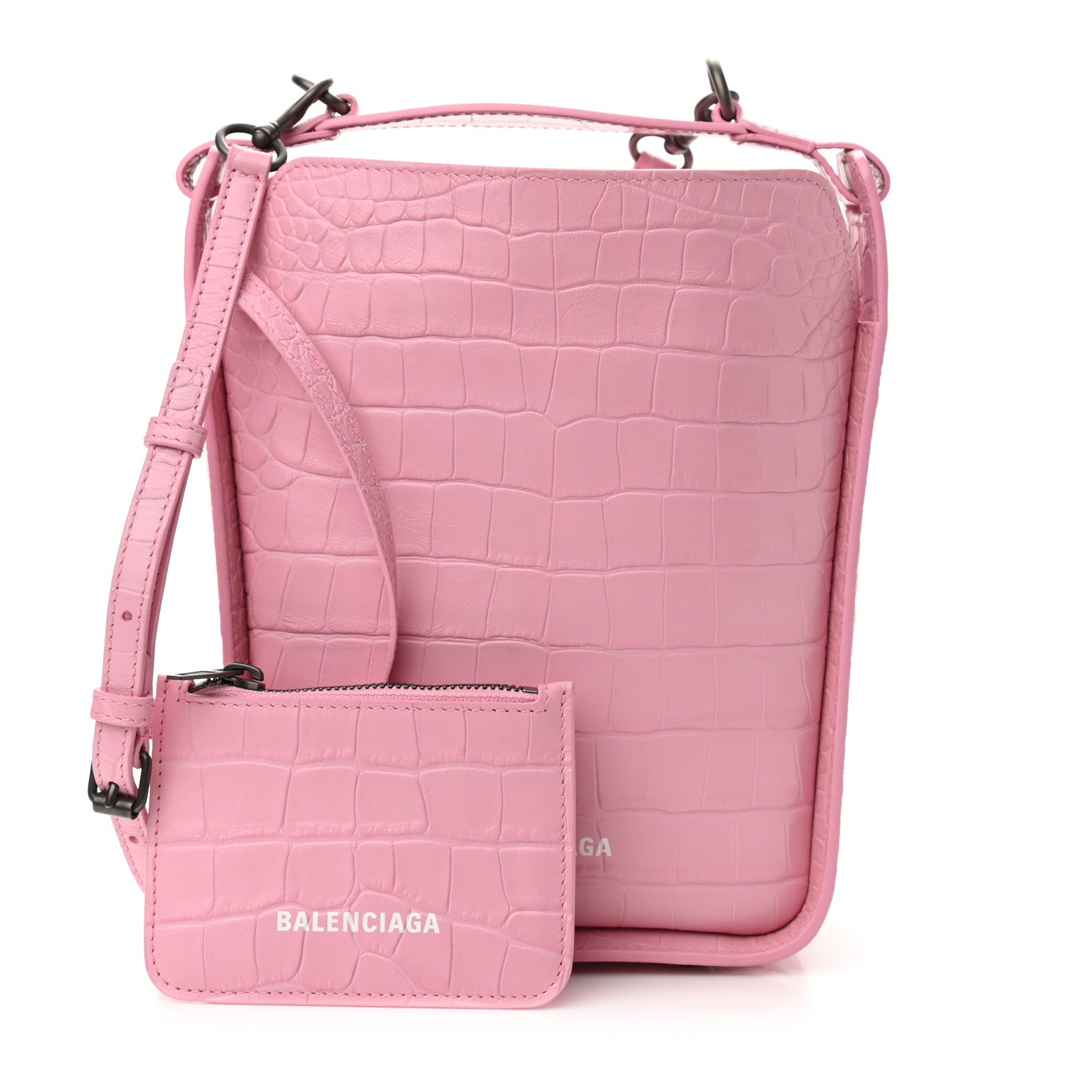 Balenciaga Calfskin Logo Crocodile Embossed XS Tool 2.0 North-South Tote Candy Pink White 1 of 11