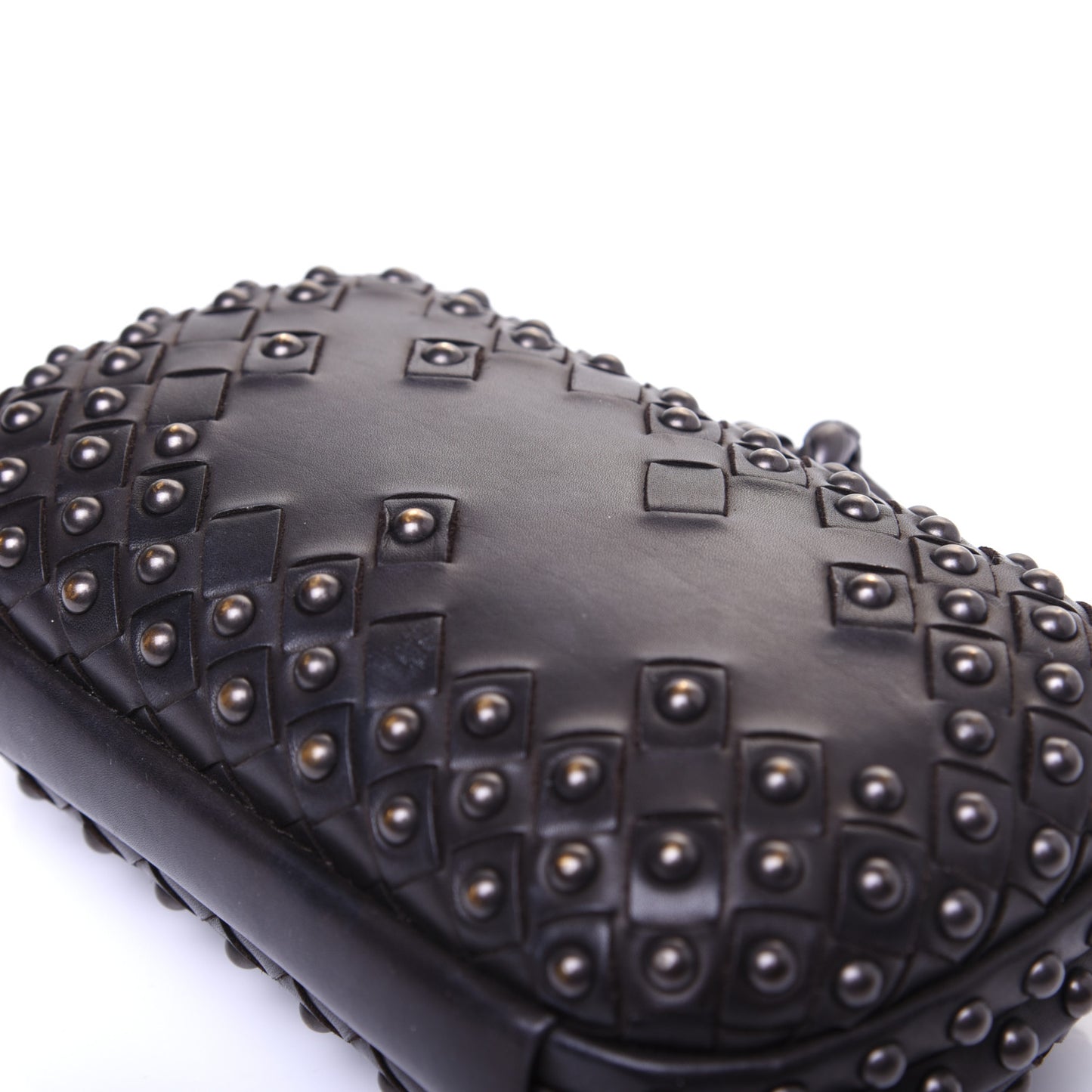 Waxy Nappa Intrecciato Knot Studded Clutch Black