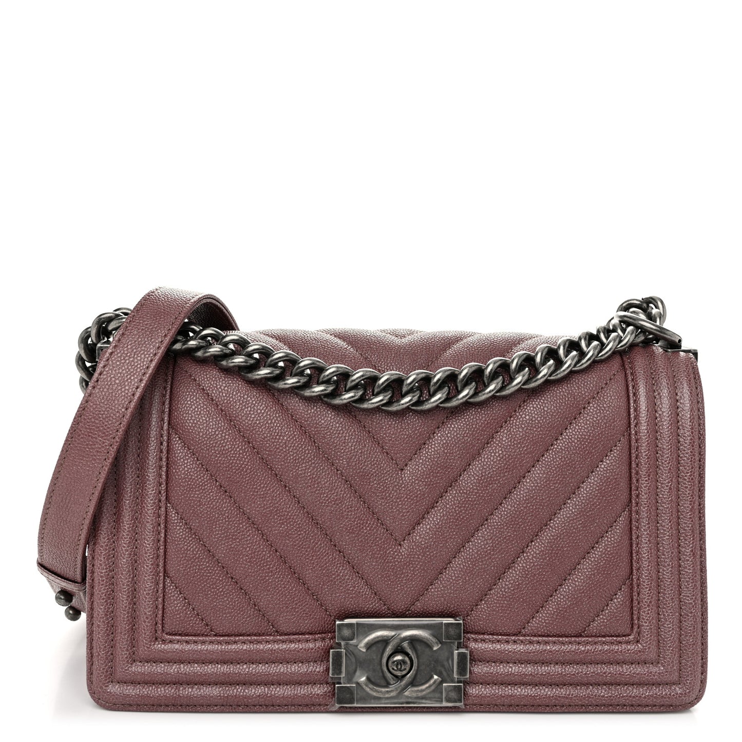 Metallic Caviar Chevron Quilted Medium Boy Flap Dark Pink