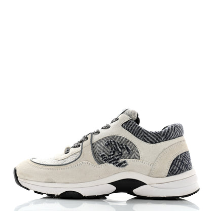 Chanel Fabric Suede Calfskin Womens CC Sneakers 36.5 Ivory Light Gray White 1 of 11
