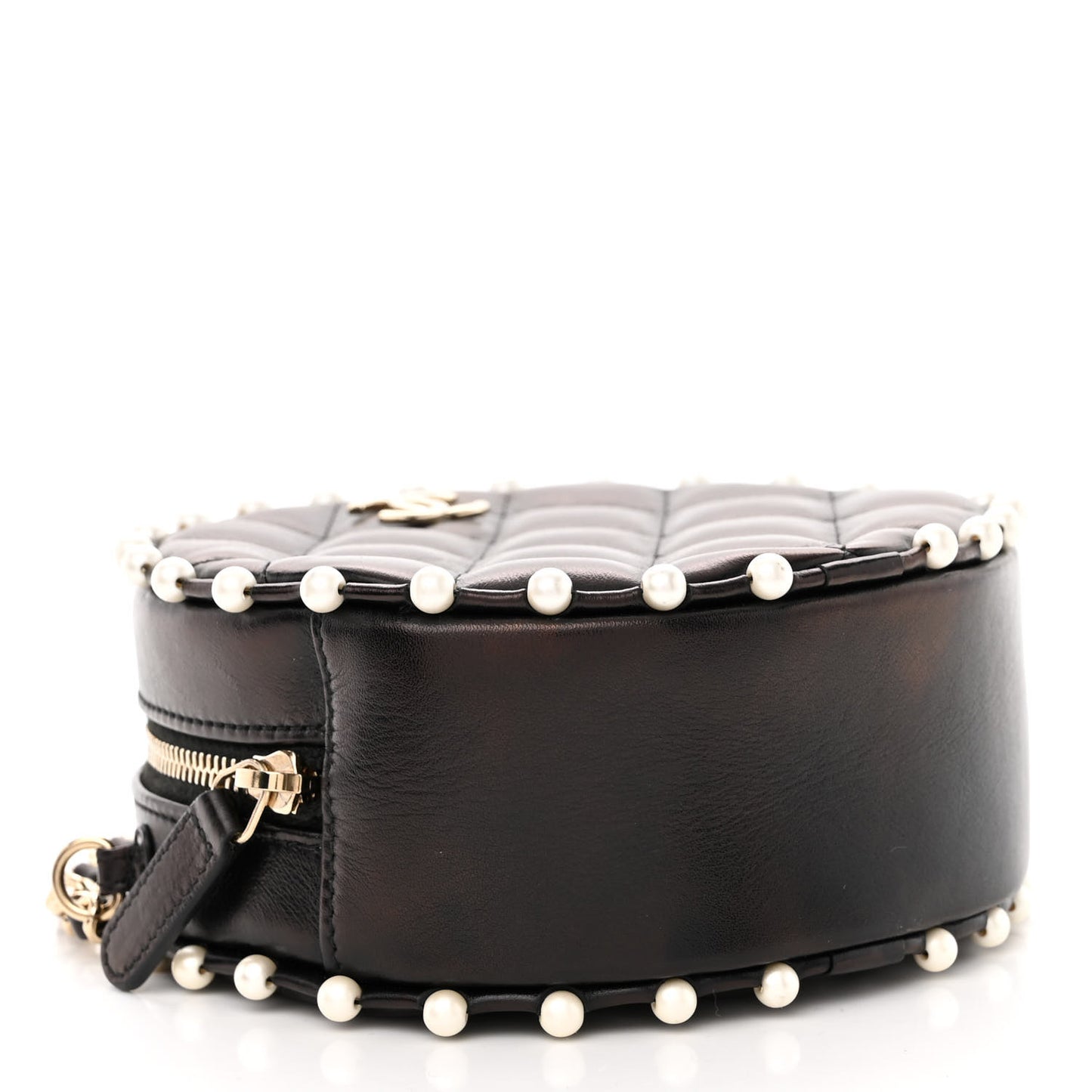 Calfskin Quilted Pearl Round Clutch With Chain Black
