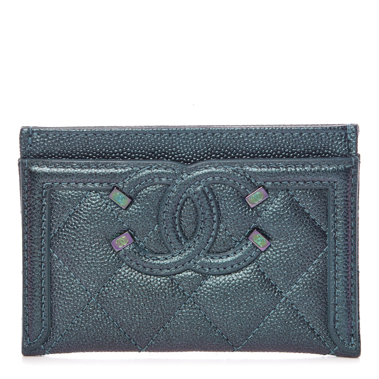 Iridescent Caviar Quilted Filigree Card Holder Dark Turquoise