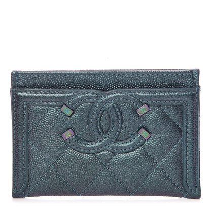 Chanel Iridescent Caviar Quilted Filigree Card Holder Dark Turquoise 1 of 10