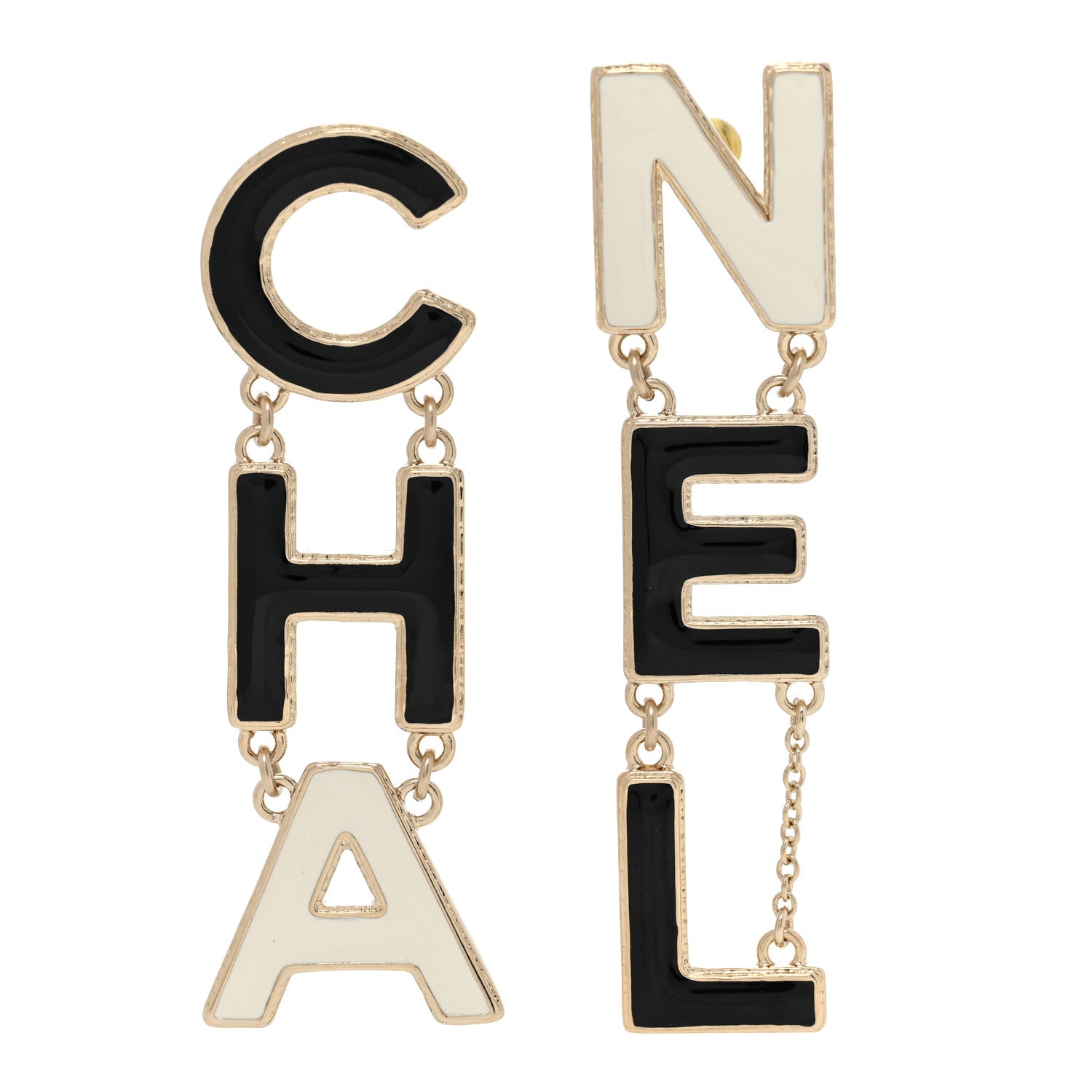 Chanel Metal Enamel Cha-Nel Logo Drop Earrings Black White 1 of 5