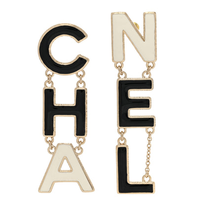 Chanel Metal Enamel Cha-Nel Logo Drop Earrings Black White 1 of 5