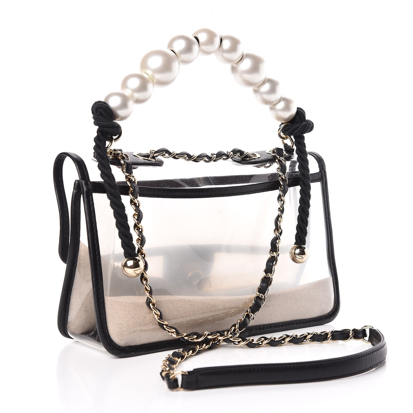 Lambskin PVC Sand By The Sea Flap With Pearl Strap Black
