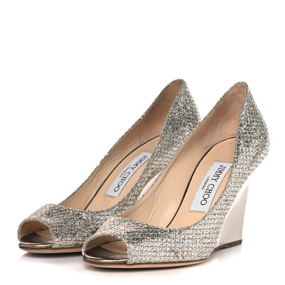 Jimmy Choo Glitter Fabric Baxen Peep Toe Wedges 36.5 Silver Gold 3 of 10