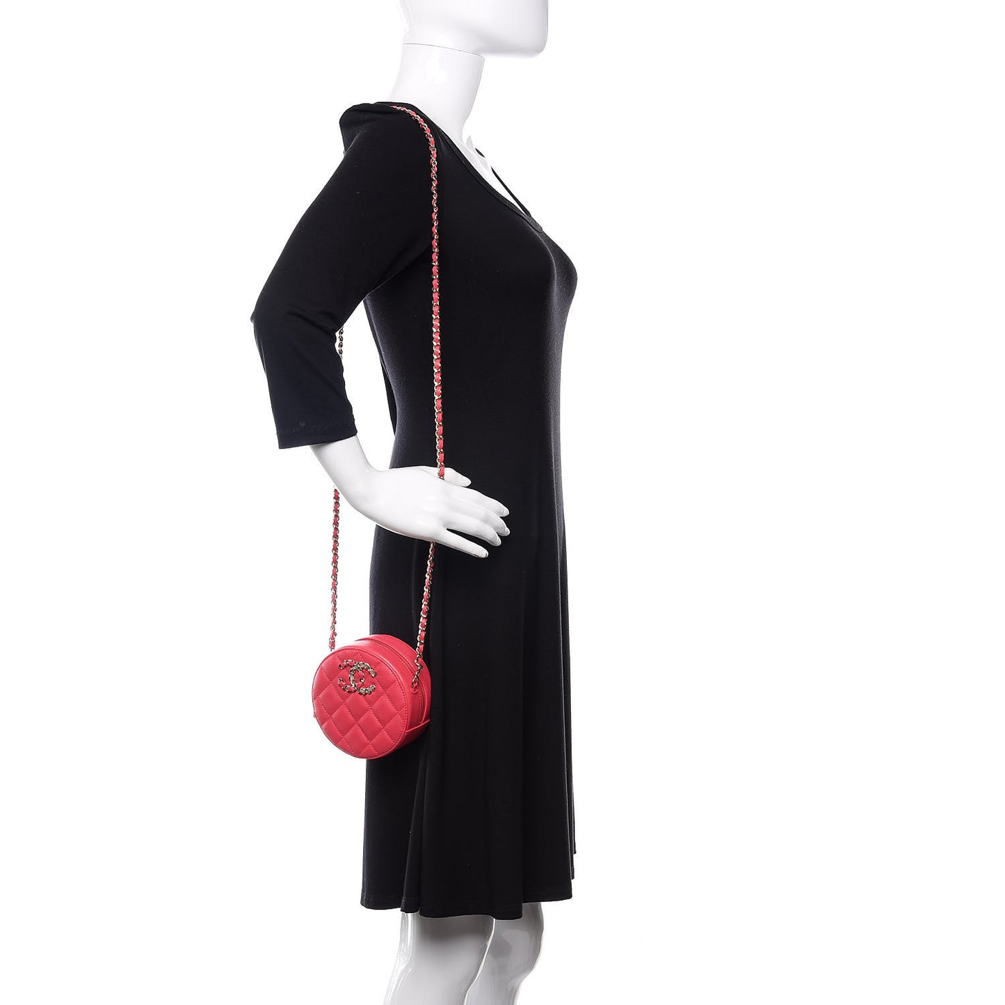 Caviar Quilted French New Wave Round Clutch With Chain Pink
