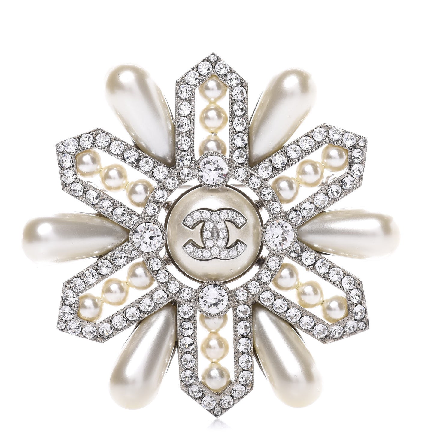 Pearl Crystal CC Snowflake Brooch Pearly White Silver