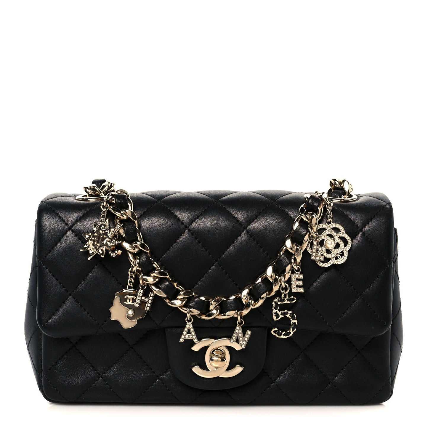 Lambskin Quilted Mini Coco Charms Rectangular Flap Black
