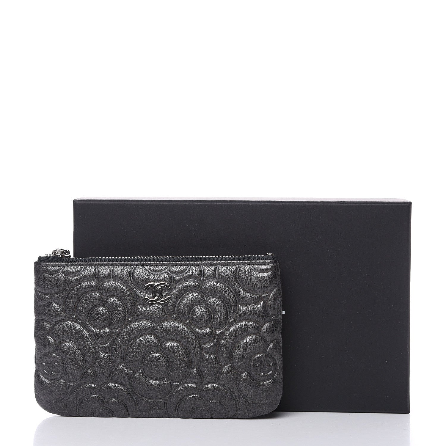 Chanel Goatskin Camellia Embossed Cosmetic Pouch Anthracite 8 of 8