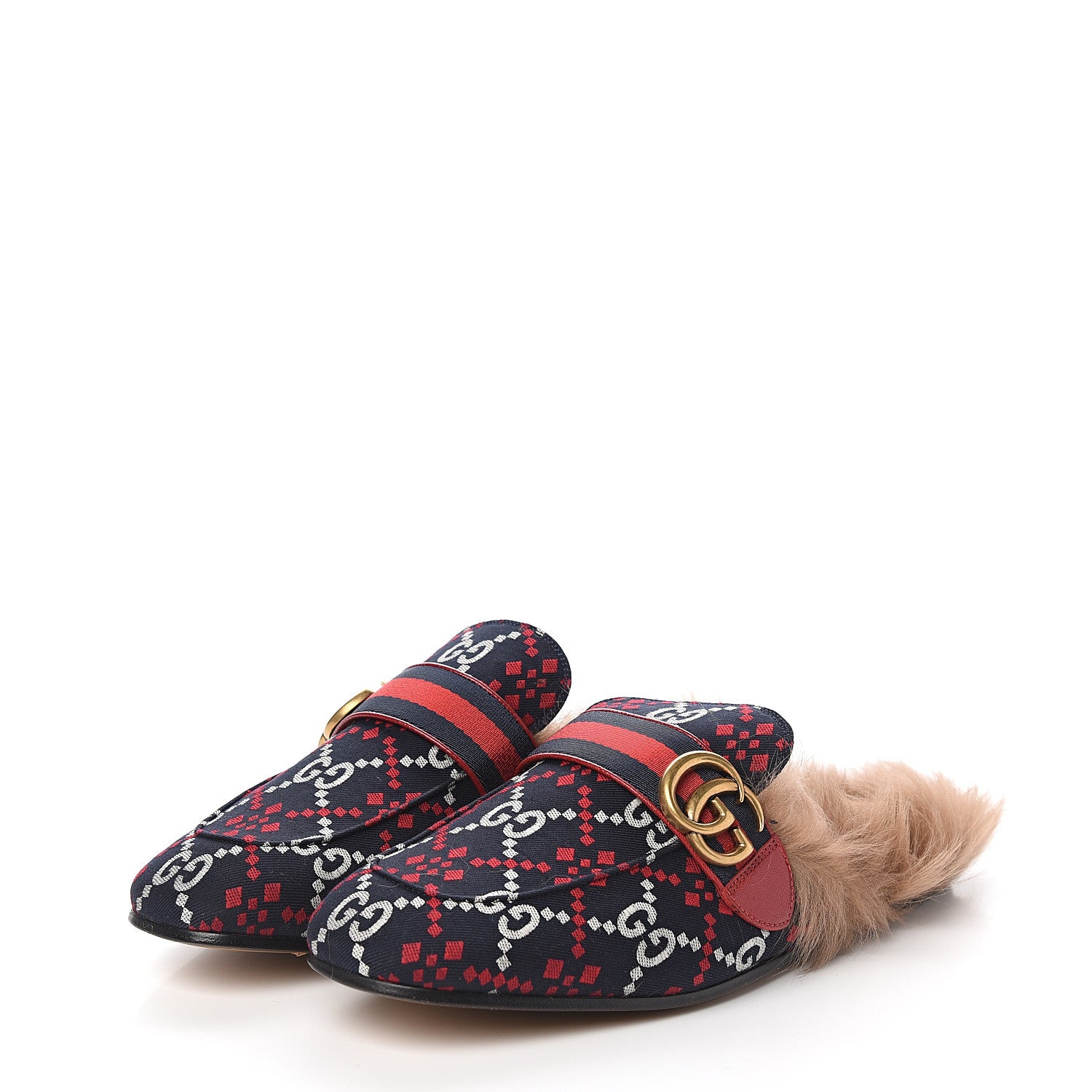 Gucci Canvas GG Monogram Diamond Fur Web GG Mens Princetown Slippers 8 Midnight Blue Hibiscus Red 3 of 9