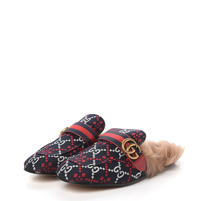Gucci Canvas GG Monogram Diamond Fur Web GG Mens Princetown Slippers 8 Midnight Blue Hibiscus Red 3 of 9