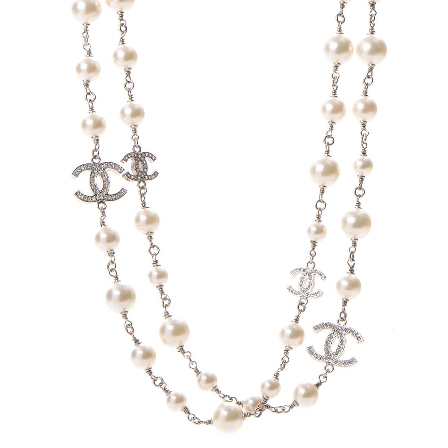 Crystal Pearl CC Long Necklace Silver