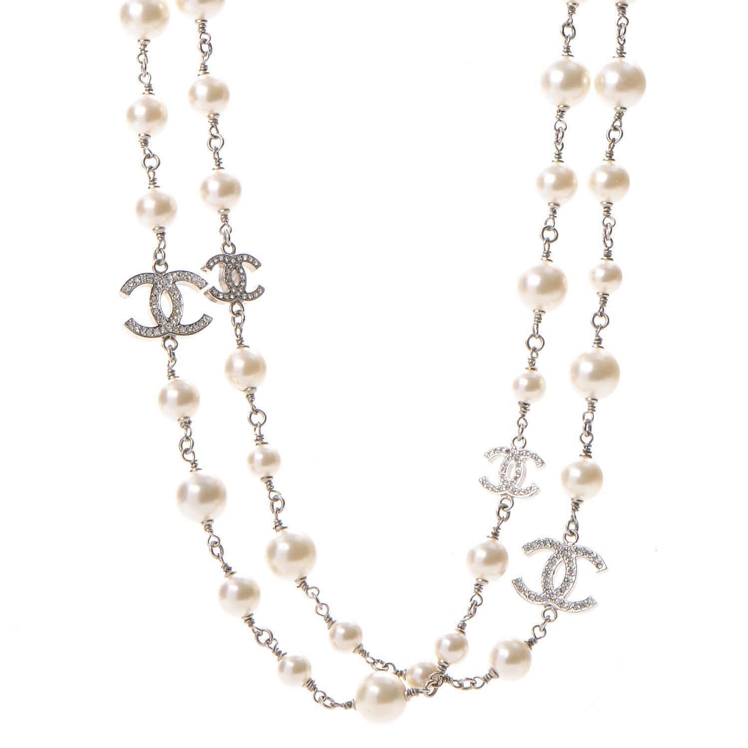 Chanel Crystal Pearl CC Long Necklace Silver 1 of 7