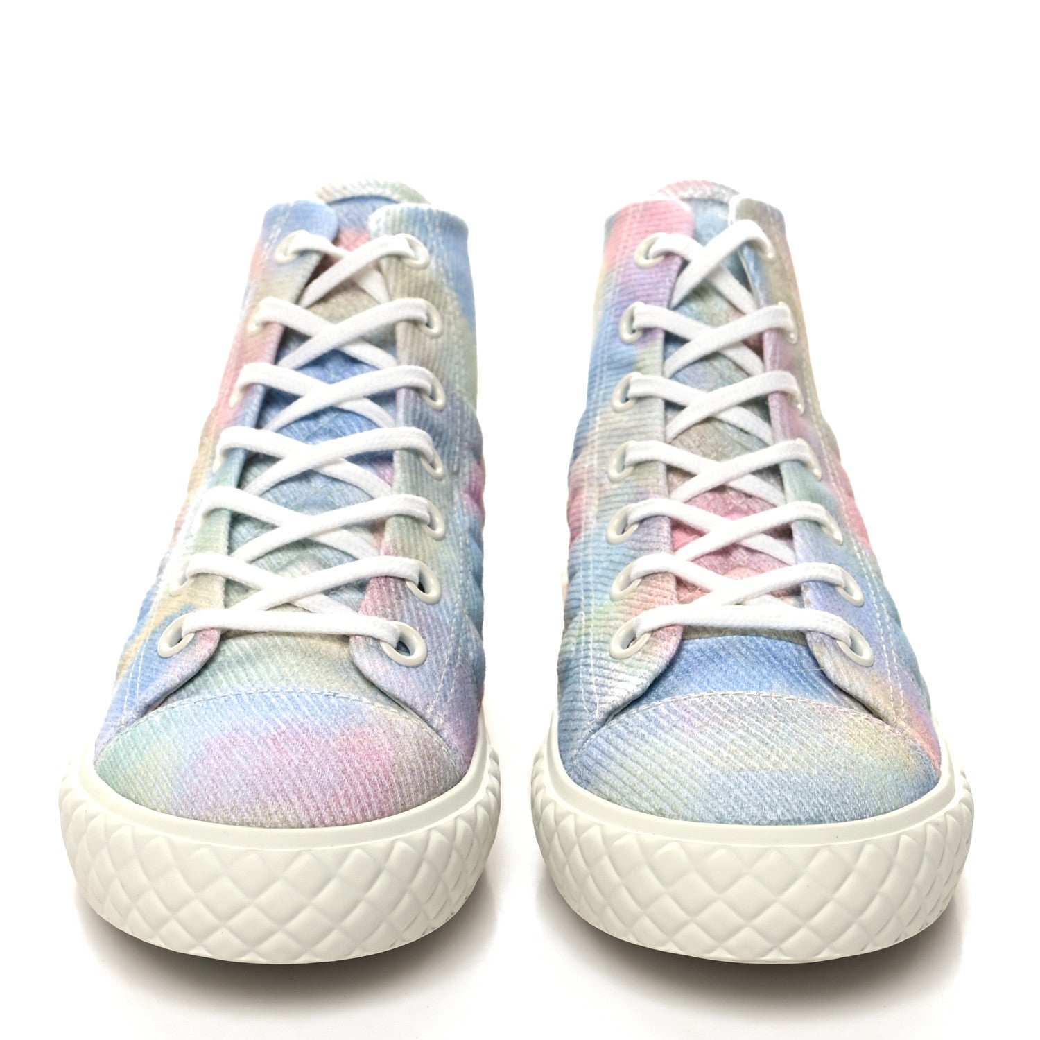 Chanel Printed Fabric Quilted High Top CC Sneakers 37 Green Pink Blue White 2 of 9