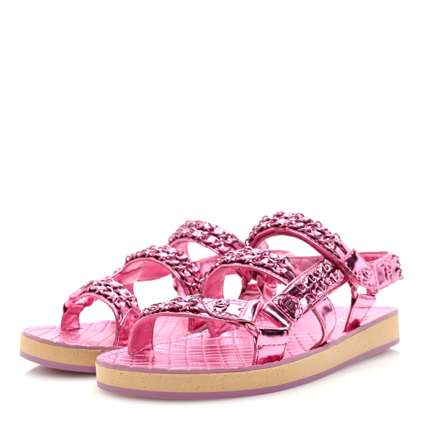 Metallic Laminated Goastkin Chain Flat Sandals 38.5 Pink