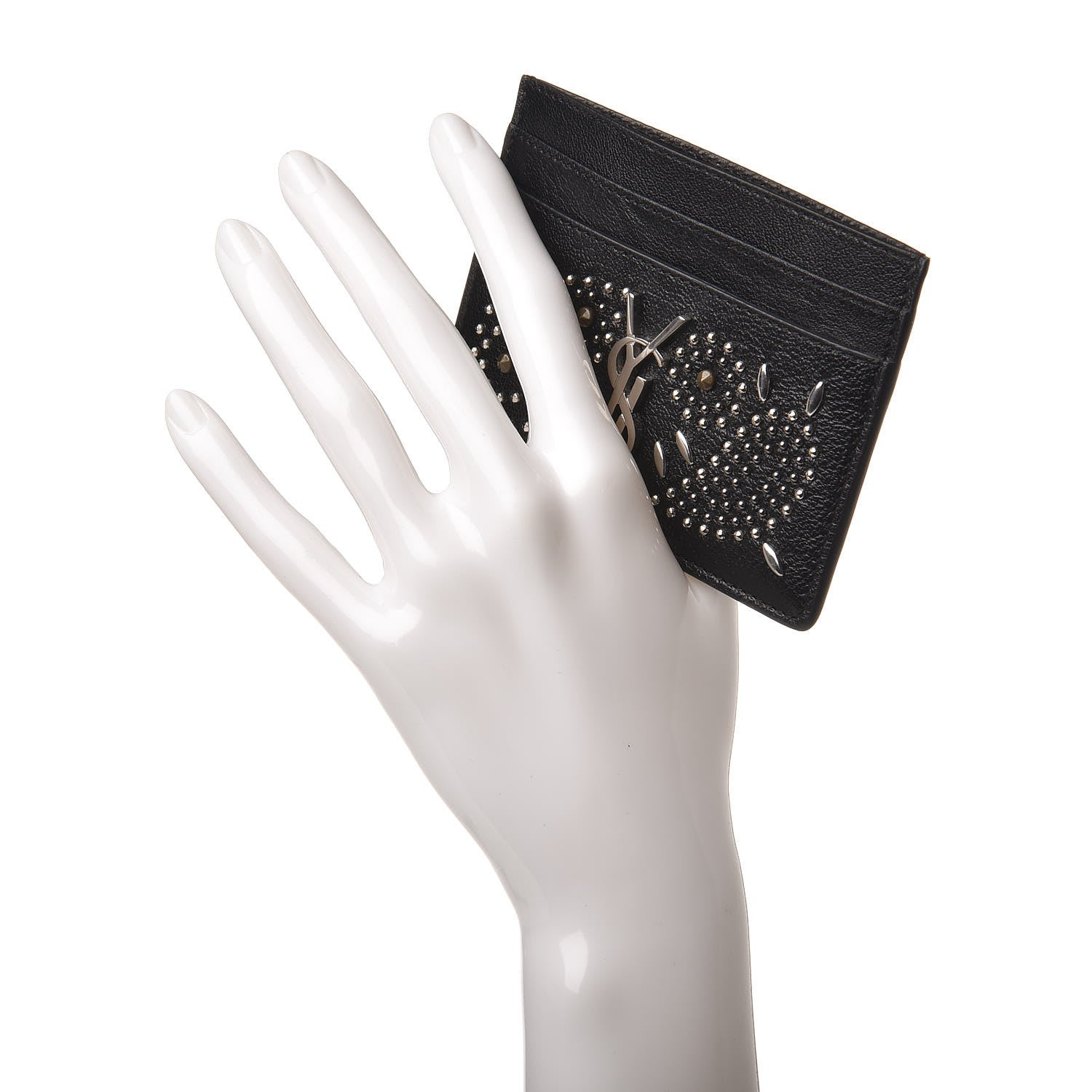 Saint Laurent Calfskin Paisley Studded Monogram Credit Card Case Black 2 of 9