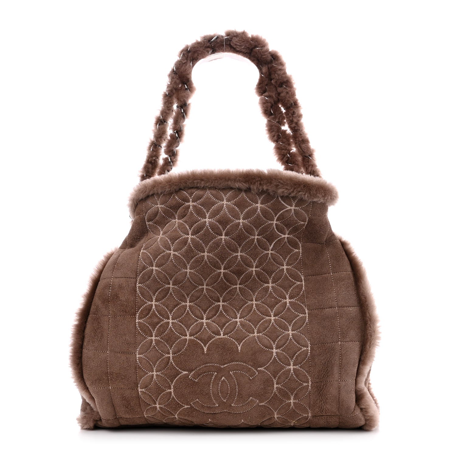 CHANEL カメリア スエード ミュール ブラウン 35 Chanel Shearling Suede Stiched CC Tote Dark Brown 1447659