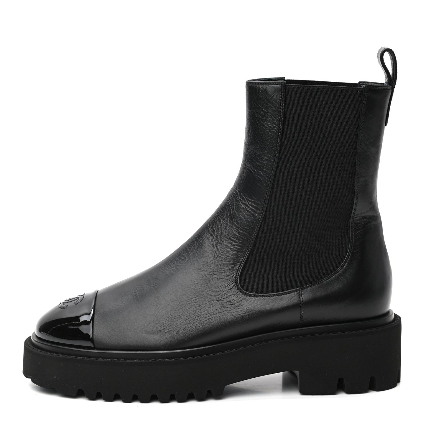 Crumpled Calfskin Patent Cap Toe Short Boots 39 Black