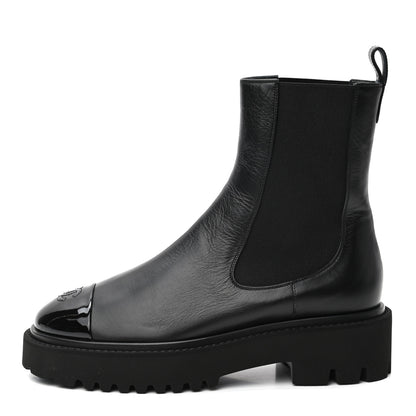 Chanel Crumpled Calfskin Patent Cap Toe Short Boots 39 Black 1 of 8