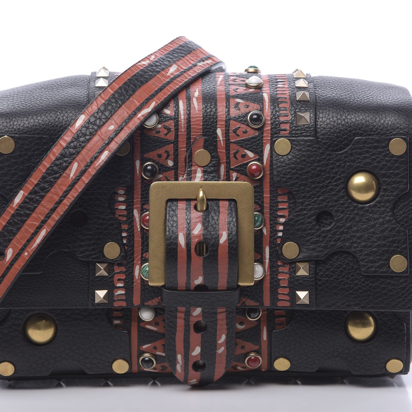 Calfskin Tribal Rockstud Shoulder Bag Black