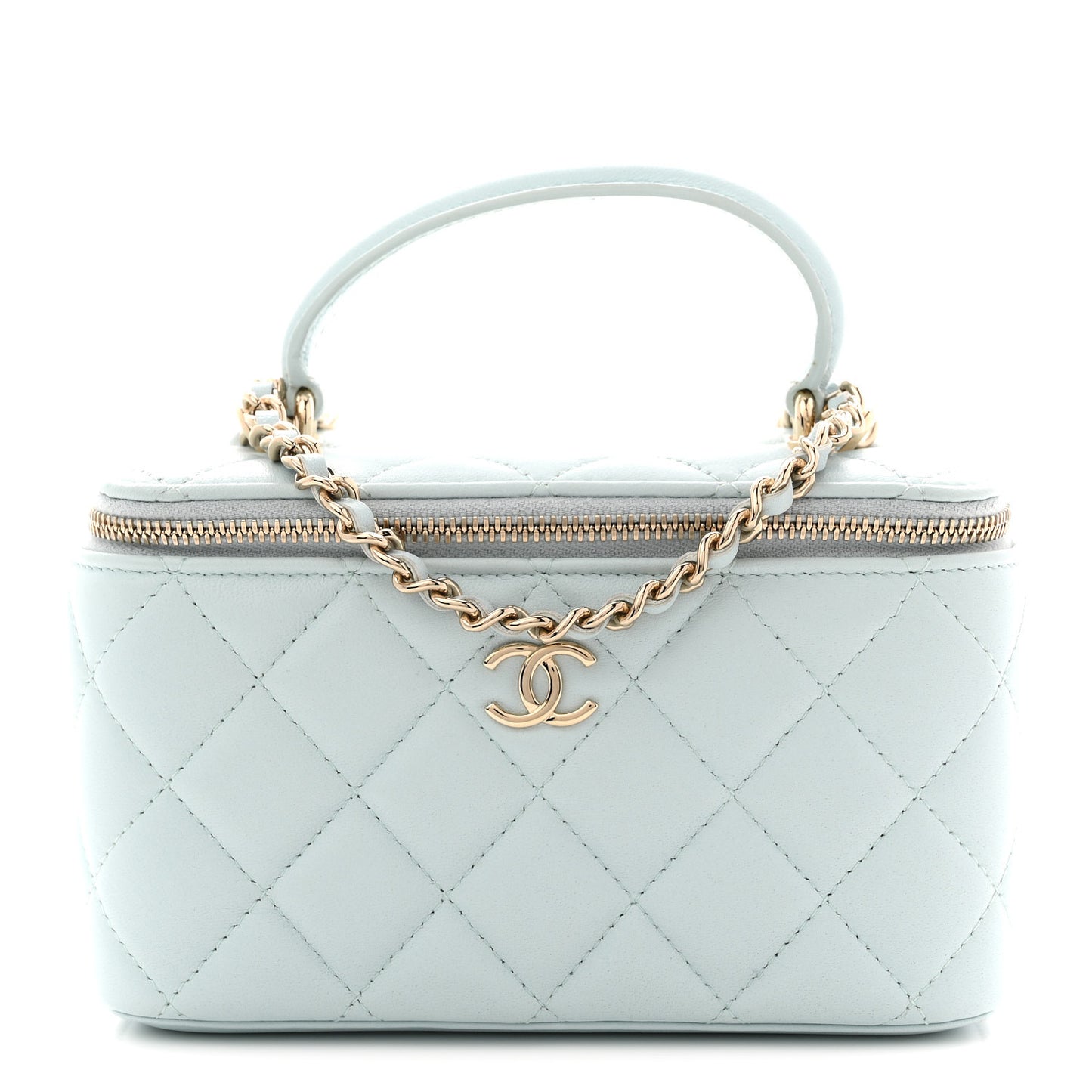 Lambskin Quilted Small Top Handle Vanity Case With Chain Light Blue