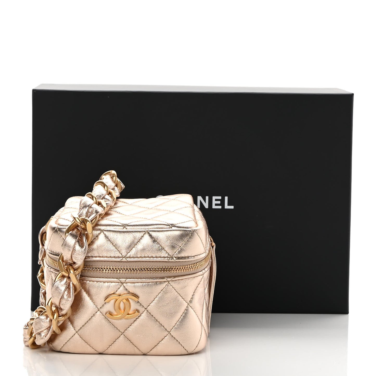 Metallic Lambskin Quilted Cube Chain Wristlet Case Gold