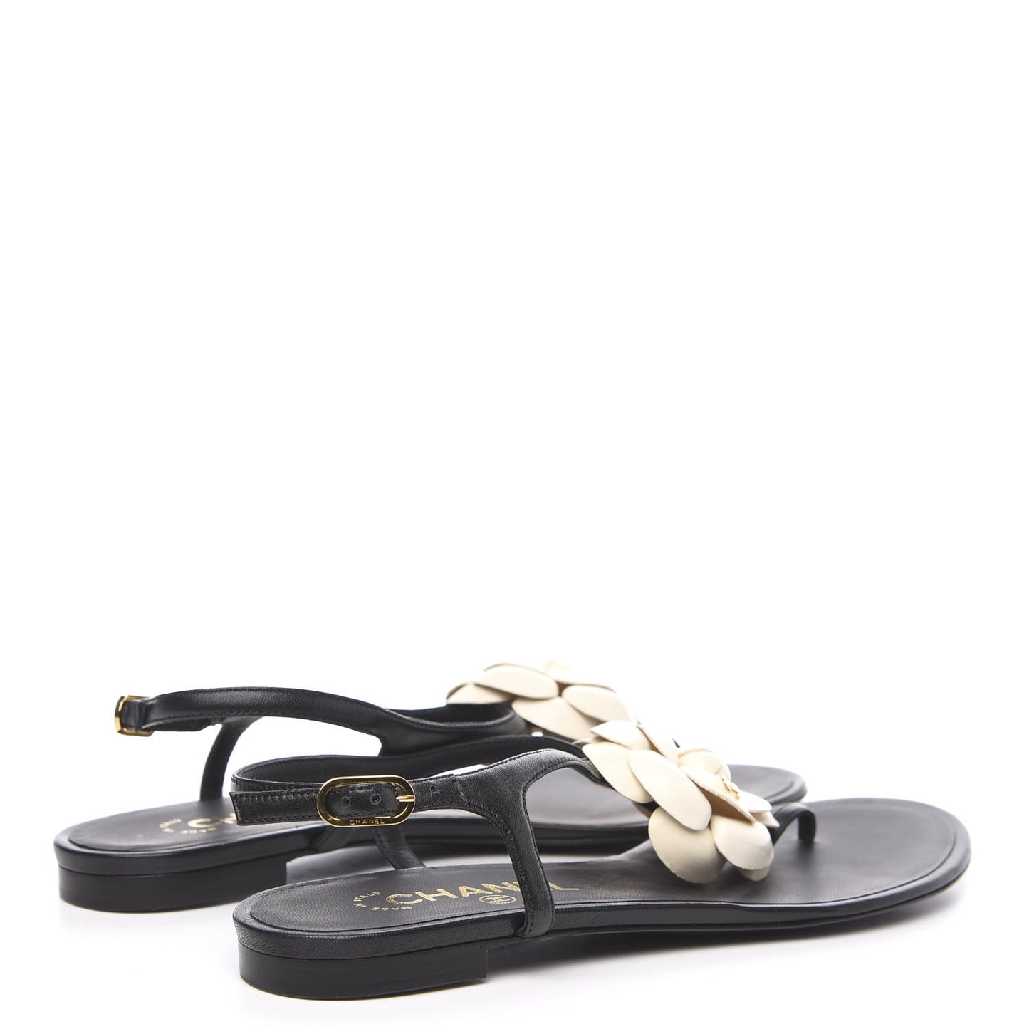 Lambskin Camellia Thong Sandals 38.5 Black White